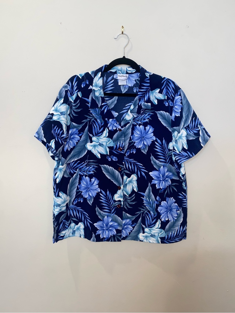 Vintage 90s Bon Worth Women’s Blue Floral Button-Up Hawaiian Shirt - Tropical
